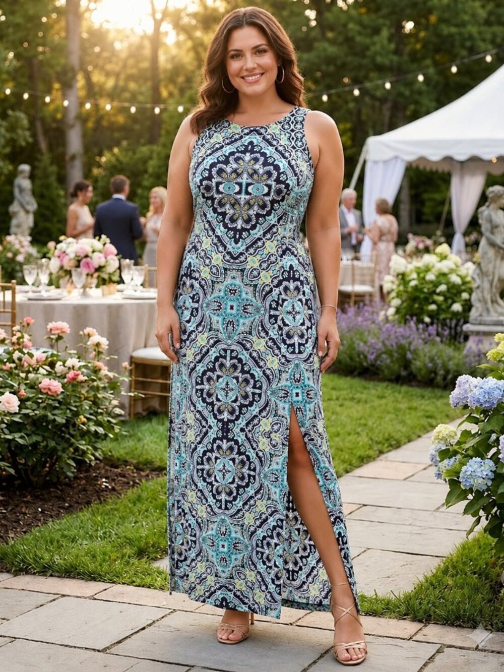 NEW London Times Plus 16W Bohemian Scroll Blue Yellow Teal Summer Maxi Dress